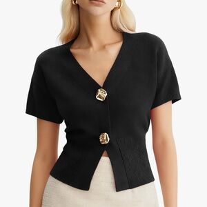 Fashion Black V-Neck Short Sleeve Sweater with Gold Buttons